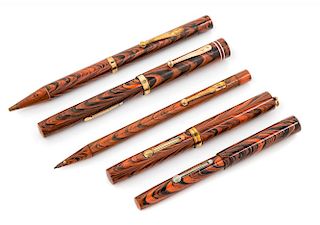 A Collection of Five Vintage Waterman's Writing Instruments Length of longest 5 1/2 inches.