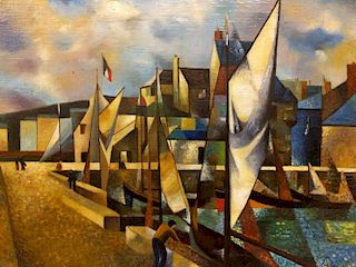 Oil on canvas Cubist painting of sailboats