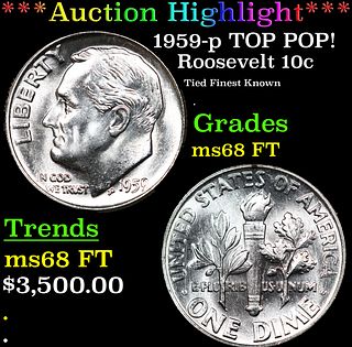 ***Auction Highlight*** 1959-p Roosevelt Dime TOP POP! 10c Graded GEM++ FT By USCG (fc)