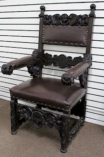 Large, Figural Antique Carved Oak Throne Chair