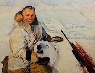 Signed, 1972 Painting of Hunter with Polar Bear