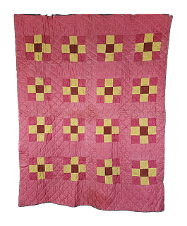 Antique c1880s Really Pink 9 Patch Quilt - Bars Back