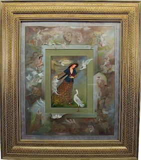 Signed Figural Persian Watercolor/Goauche Painting