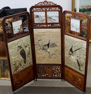 Exceptional Japanese 3 Paneled Screen w/ 4 Plaques