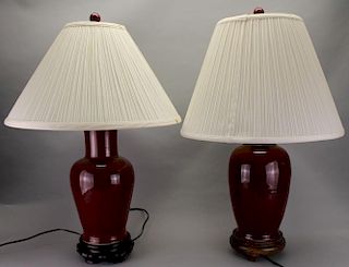 Pair, Antique Chinese Oxblood Baluster Vase/Lamps