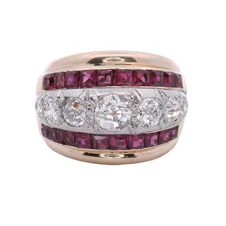 Art Deco 18k Gold and Platinum Ring with Rubies and Diamonds