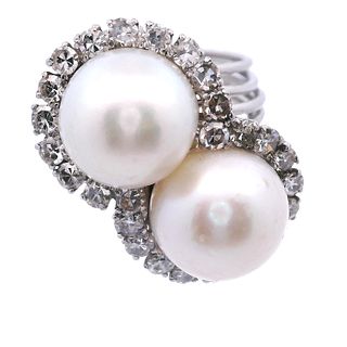 Platinum Ring with Diamonds and Pearls