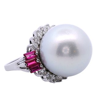 18kt Gold Cocktail Ring with Pearl, Diamonds and Rubies