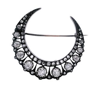 Victorian Crescent Moon brooch in Gold and Silver with 3.00 Cts Diamonds