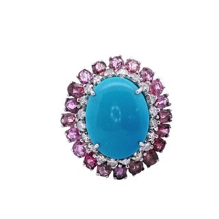 18kt Gold Cocktail Ring with Turquoise, Sapphires and Diamonds