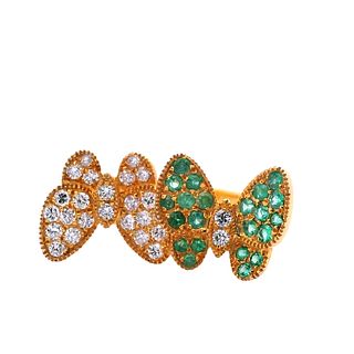 14k yellow Gold Butterfly Ring with Diamonds and Emeralds