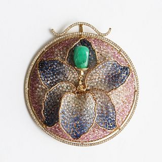 Massive 18kt Gold Pendant with Sapphires, Emeralds and Diamonds