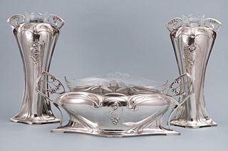 WMF GERMANY JARDINIERE WITH PAIR OF MATCHING VASES