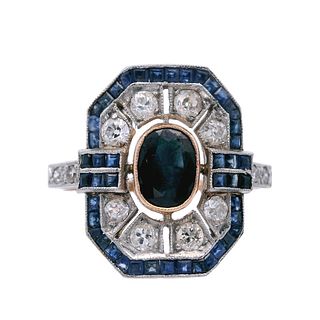 Deco 18k Gold & Platinum Ring with Sapphires and Diamonds