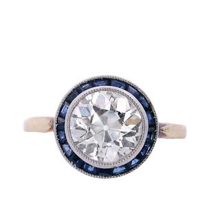 1.70 Cts Diamond 18kt Gold antique Target Ring with Sapphires