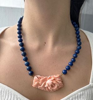Angel skin Coral and Lapis lazuli 14kt Gold Necklace
