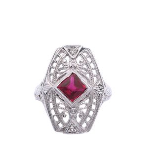 14kt Gold Ring with Diamonds and Synthetic Ruby