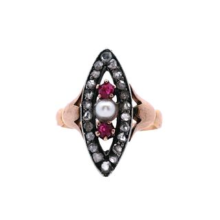 Antique 18k Gold Ring with pearl, Rubies and Diamonds