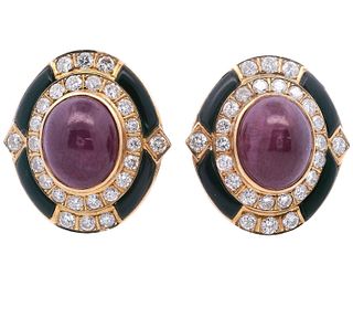 14kt Gold Clip Earrings with Diamonds, Rubies and Onyx