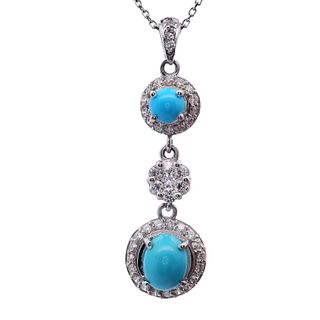 14/18k Gold Pendant Necklace with Turquoises & Diamonds