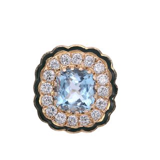 14kt cocktail enamel Ring with Aquamarine and Diamonds