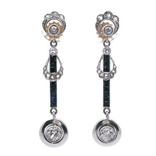 2.00 Ctw in Diamonds and Sapphires 18k Gold and Platinum Earrings