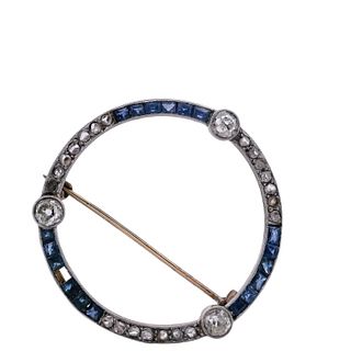 Art Deco 18k Gold and Platinum Diamonds and Sapphires Brooch