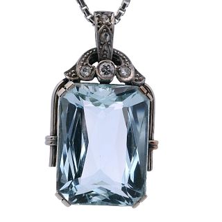 Art Deco 14k/18k Gold and Platinum Pendant / Necklace with Aquamarine and Diamonds