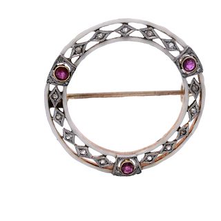 18k Gold Antique Brooch with Diamonds and Rubies