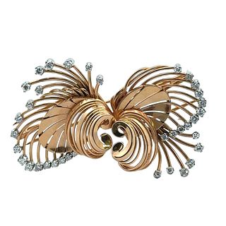 Retro 18 k Gold Doble Clip brooch with 1.50 cts in Diamonds