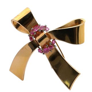 18kt Gold Bow Brooch with Diamonds and Synthetic Rubies