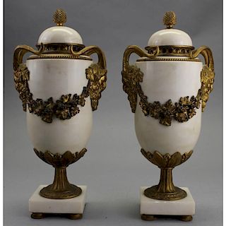 Antique French Gilt Bronze/Marble Covered Urns