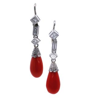 18k Gold and Platinum Drop Earrings with Diamonds and Corals