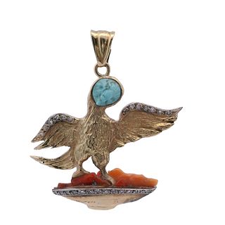 18k Gold Owl Pendant with Turquoise and Diamonds