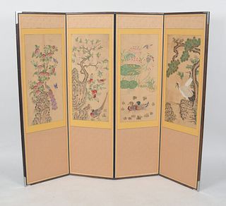 A Four Panel Korean Screen, Birds and Flowers 