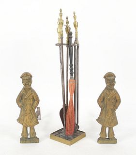 Brass Figural 'Old Salt' Andirons and Fire Tools