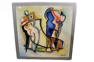 Signd Large Modernist Figural Abstract Mixed Media