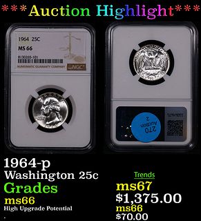 ***Auction Highlight*** NGC 1964-p Washington Quarter 25c Graded ms66 By NGC (fc)