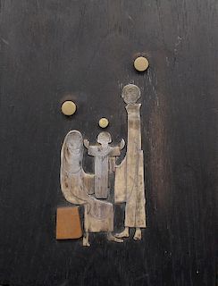 Modernist Wooden Plaque w/ Sterling Silver Figures