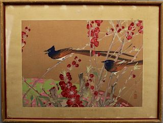 Antique Japanese Gouache/WC Birds in Tree