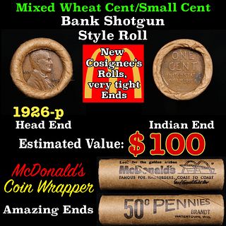 Small Cent Mixed Roll Orig Brandt McDonalds Wrapper, 1926-p Lincoln Wheat end, Indian other end, 50c