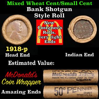 Small Cent Mixed Roll Orig Brandt McDonalds Wrapper, 1918-p Lincoln Wheat end, Indian other end, 50c