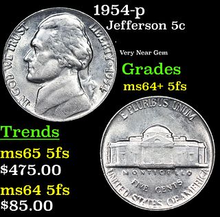 1954-p Jefferson Nickel 5c Grades Choice Unc+ 5fs