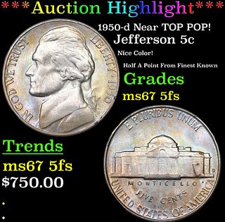 ***Auction Highlight*** 1950-d Jefferson Nickel Near TOP POP! 5c Graded GEM++ 5fs By USCG (fc)