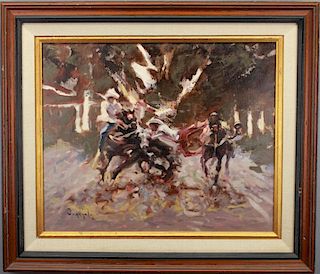 Signed, 20th C. Rodeo Scene w/ Cowboys
