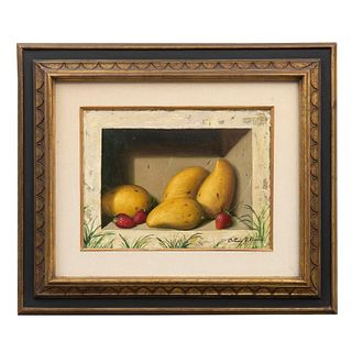 OCTAVIO URBINA ÁLVAREZ, Bodegón de mangos y fresas, Firmado. Óleo sobre tela, 30 x 40 cm