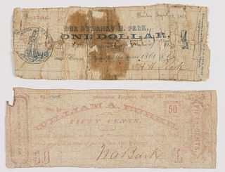 STAUNTON, AUGUSTA CO., SHENANDOAH VALLEY OF VIRGINIA CIVIL WAR OBSOLETE CURRENCY / PRIVATE SCRIP NOTES, LOT OF TWO