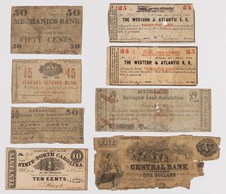 ASSORTED SOUTHERN STATES CIVIL WAR OBSOLETE CURRENCY / NOTES, LOT OF EIGHT