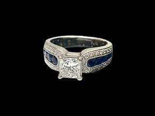 Blue Nile Three Row Sapphire And Diamond Engagement Platinum Ring With GIA & BlueNile Certification