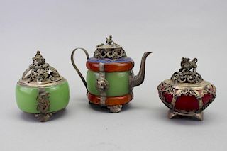 (3) Tibetan Colored Stone & Cloisonne Teapots